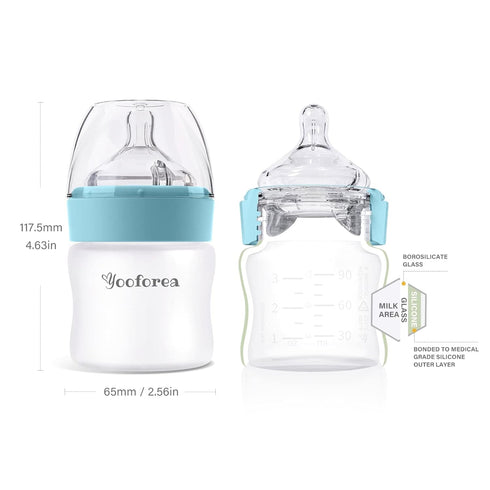 Yooforea Silicone Coated Glass Baby Bottle, 0M+ Slow Flow Nipple, Wide Neck, Medical-Grade Silicone Coating, 2 Pack, 3