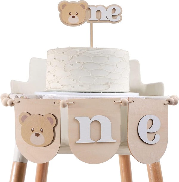 Wooden Teddy Bear High Chair Banner - Teddy Bear Birthday Cake Topper,1st