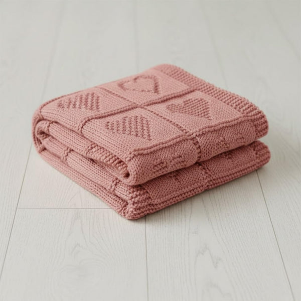 Baby Knit Cotton Blanket Rose Pink Heart Design Cozy Stroller Crib Throw