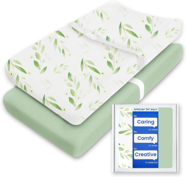 Changing Pad Cover for Boys Girls, TotBasic Premium Soft Boho, Stretchy Jersey Sheets - 2 Pack (Sage Green & Botanical