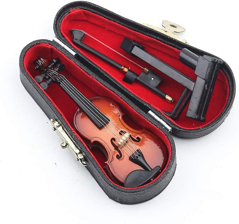 Dselvgvu Wooden Miniature Violin with Stand - Mini Musical Instrument Dollhouse Model Ornament