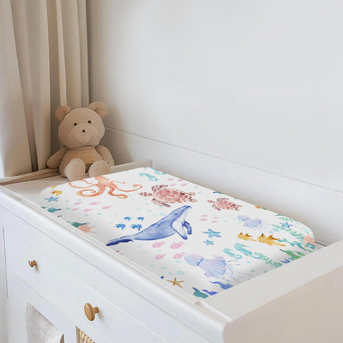 ZoUbqchY 32''16'' Colorful Ocean Animals Changing Pad Covers for Baby Girls Boys Whale Turtle Jellyfish Sea Horse