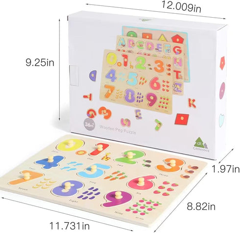 GRINNNIE Wooden Montessori Toddler Puzzles, 3 Pcs Number, Letter, Shape Educational Peg Puzzle Set