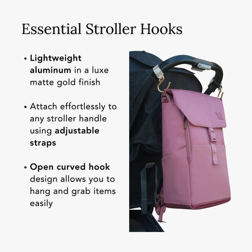 Huhu Essential Stroller Hooks - Lightweight Aluminum Stroller Bag Hook with Adjustable Straps, Matte Gold S-Hooks