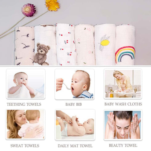 6Pack 10"X10" Baby Msulin Washcloths Newborn Face Towel - Baby Muslin Burp Cloths Soft Absorbent Natural Cotton Wash