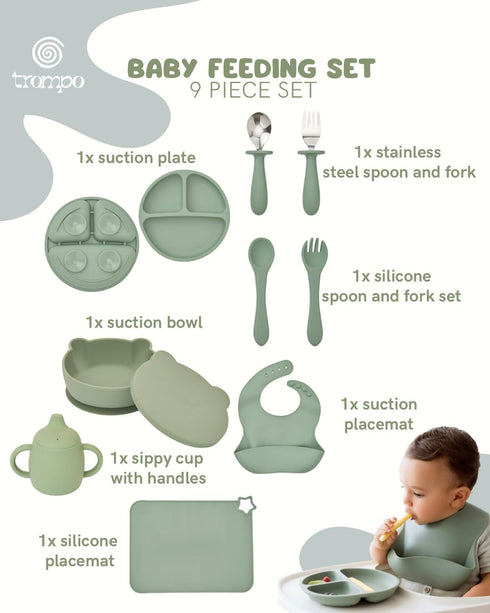 Trompo Set 10 2 2Forks Food-grade Silicone Baby Feeding Pieces | BPA-Free | Includes Plate, Bowl, Sippy cup, Spoons