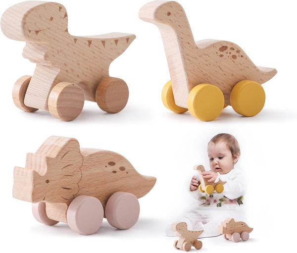 Wooden Dinosaur Cars Montessori Toys, Baby Push Car Toys, Developmental Infant Grasping Toys (3PCS)