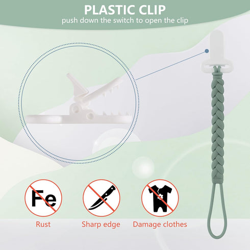 4-Pack Silicone Pacifier Clips with a Woven Rope Shape for Baby Boys and Girls - Flexible and Rust-Free Holders for Teething Relief and Baby Essentials, Safe for Newborns (Grey)