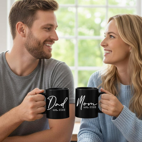 Set 2026 11 oz Set 0-3 Set Pregnancy Gift - New Mom and Daddy Est Mug with "Adventure Awaits & New to Crew" Onesie