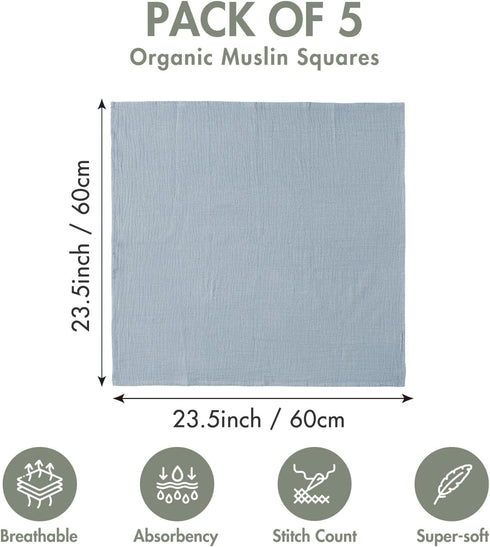 Muslin Swaddle Blankets, Neutral Burp Cloths Receiving Blanket Swaddling for Newborn Boys and Girls, 5 Pack Breathable and Skin-Friendly Swaddle Wrap for Infant Baby (Multiple Colors)