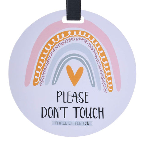 THREE LITTLE TOTS Rainbow Stop No Touching Baby Car Seat Sign or Stroller Tag - CPSIA Safety Tested