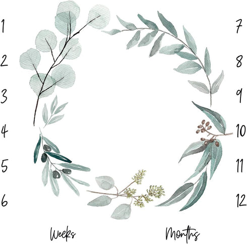 Organic Baby Monthly Milestone Blanket Newborn Boy Girl Unisex Gender Neutral| Green Leaf Wreath Eucalyptus Baby
