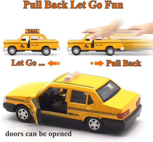 New York City Taxi Cab Toy, Yellow Cab Diecast Model with Pullback Action for Toddler Age 3+ (Pack of 2)