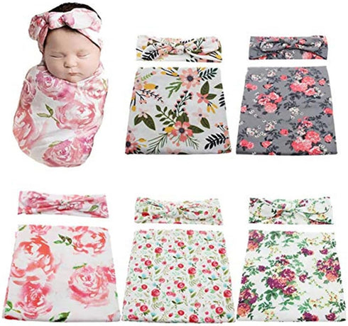Infant Floral Swaddle Wrap with Headbands Hats, Value Set, Newborn Receiving Blanket Photography Props, 35X35inch