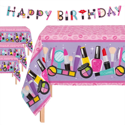 Oojami 3 Pack Spa Theme Table Cover 54" x 108" with 1 Happy Birthday Banner, Ideal for Spa Themed Birthday Party