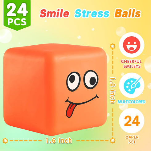 24 Pack, Stress Balls Fidget Toys for Kids: Mini Smile Face Stress Ball Stretchy Toys for Anxiety Stress Relief, Square