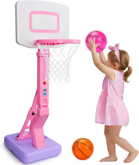 Toddler Pink Basketball Hoop - Height Adjustable Indoor Outdoor Goal with Balls for Ages 1-5