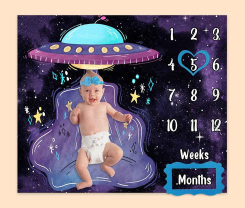 Baby Monthly Milestone Blanket Fun Alien Spaceship, 48"x40", Newborns 1 to 12 Months, Includes 4 Frames and 1 Headband