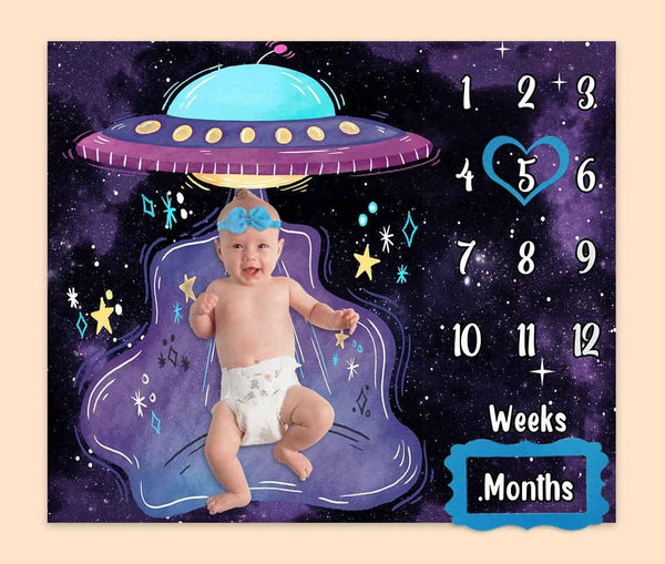 Baby Monthly Milestone Blanket Fun Alien Spaceship, 48"x40", Newborns 1 to 12 Months, Includes 4 Frames and 1 Headband