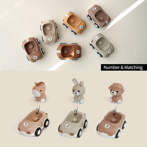 1-3, 6-Pack Set Nueplay Toy Cars for Toddlers Friction Powered Push and Go Vehicle with Animal Finger Puppets for Boys