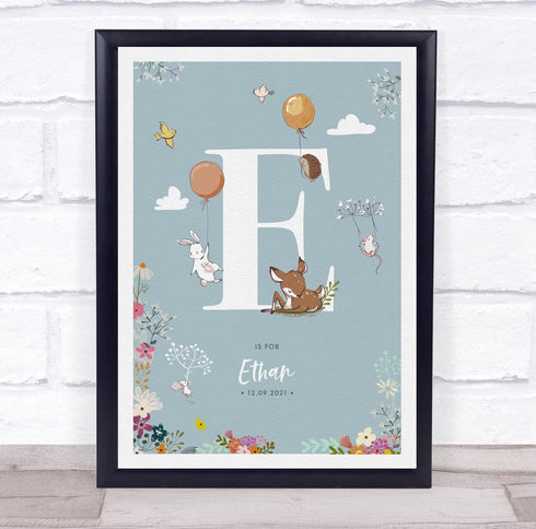 The Card Zoo New Baby Birth Details Christening Nursery Woodland Animals Initial E Gift Print