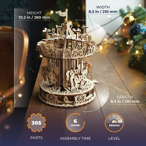 UGEARS Carousel Wooden Mechanical 3D Model, Self-Assembling Craft DIY Kit for Adults and Teens
