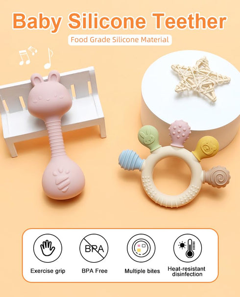Set, 3-24 Baby Teether and Rattle Toy BPA-Free, Food-Grade Silicone, Easy-Grip Teething Rattle for Babies, Soothing