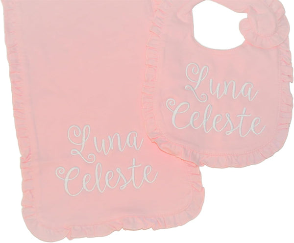 Personalized Baby Girl Pink Ruffle Bib and Burp Cloth set with First