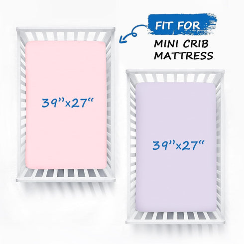 Fitted Pack and Play Sheets for Girl, 2 Pack Ultra Soft Microfiber Mini Crib Sheets in Purple and Pink
