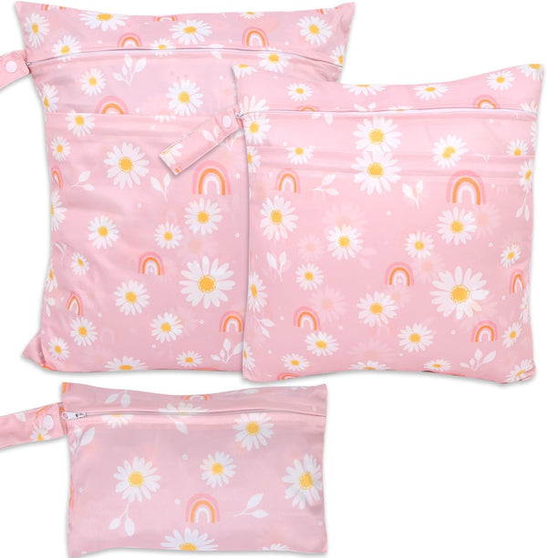 3pcs Baby Cloth Diaper Wet Dry Bags, Waterproof Reusable Wet Bag with