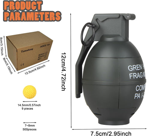 Toy Hand Grenade for CS Battle Game with 9 Foam Ammo, Green Tactical Grenade Toy for Age 14 and Up
