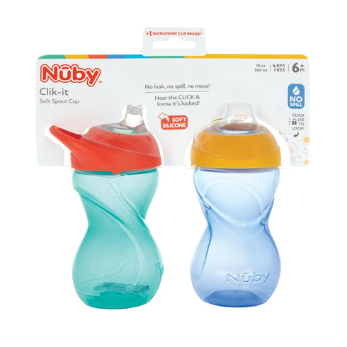 Nuby No-Spill Clik-it Soft Spout 10oz Cup, Leak-Proof & Easy-Grip Design, 2 Pack, 6+M, Neutral Colors