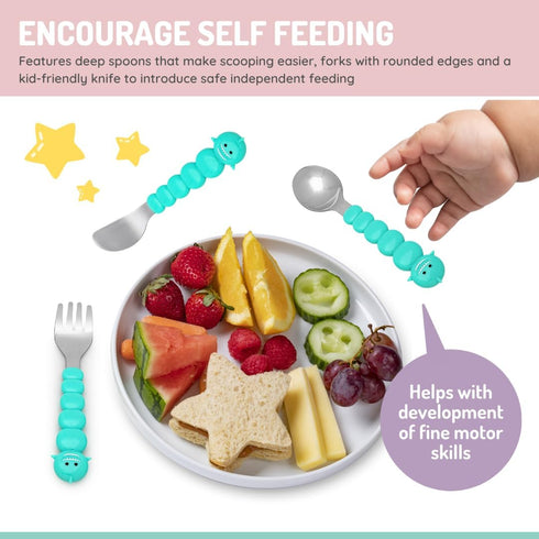 melii Toddler Feeding Spoon Fork & Knife Set, Stainless Steel – Bulldog, Cat, Shark, Bear – BPA Free, 6pc