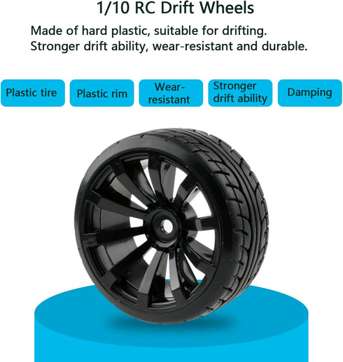 4pcs 1/10 RC Drift Wheels, 12mm Hex Drift Wheels and Tires for HSP Redcat HPI Tamiya, with Flange Lock Nuts