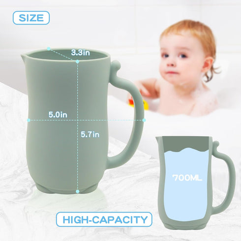 mandoo Baby Bath Rinse Cup - Food Grade Silicone Shampoo Rinser for Kids with Easy Grip Handle (Light Green)