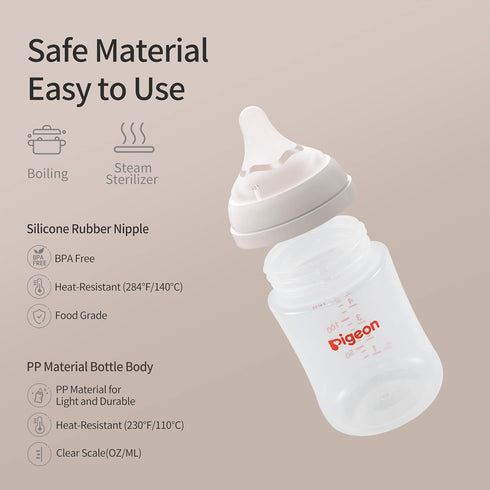 Pigeon PP Nursing Bottle Wide Neck, 5.4 Oz (Pack of 4), Natural Feel, Easy to Clean, Includes 4pcs SS Nipples (0m+)