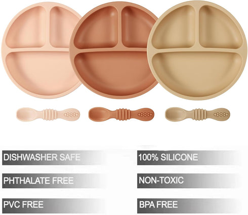PandaEar 3 Pack Toddler Plates with 3 Spoons, 100% Silicone Divided Suction Plate for Babies, BPA-Free, Dishwasher and Microwave Safe -Baby pink/Light brown/Brick red by PandaEar
