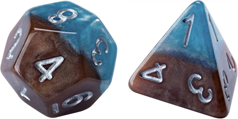 Halfsies Dice: Earth Elemental - 7pc Set, Cerulean Blue & Brown, Pearlescent Swirl for Role Playing Games