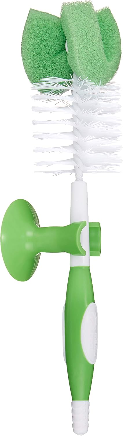 (Pack 3) Amazon Brand - Mama Bear Baby Bottle Brush with Nipple Cleaner and Suction Cup Stand, White
