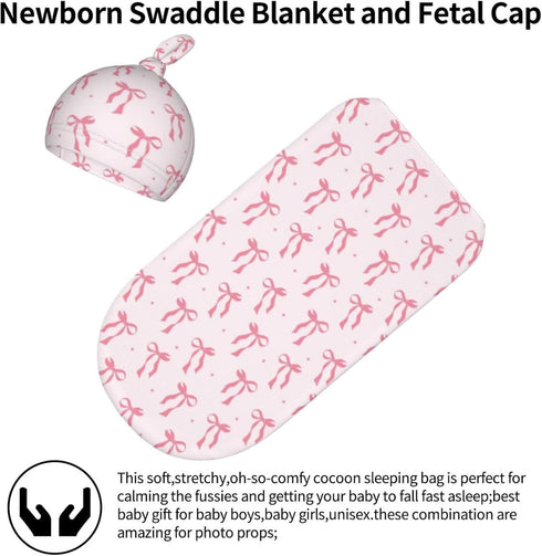 zhedongsj Set Pink Bow Baby Stuff Swaddle Blanket for Girls, Soft Newborn Swaddling Sack Shower Gift with Hat and Bow