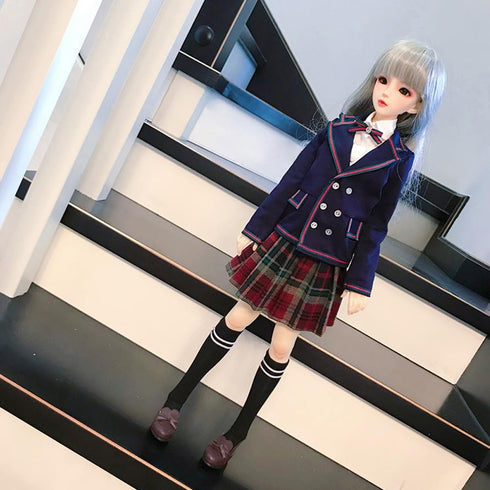 niannyyhouse 1/4 BJD Dolls Clothes Dark Blue Plaid School Uniform Blazer Outfit with Skirt and Socks (1/4BJD-Girl)