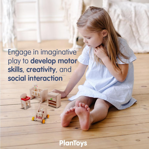 PlanToys Nursery - Wooden Dollhouse Accessories Featuring Baby Figure, Stroller, and Furniture Pieces