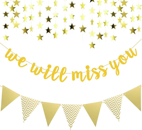Gold Glitter Graduation Banner - We Will Miss You and Triangle Flag Banners for Farewell Party Decorations