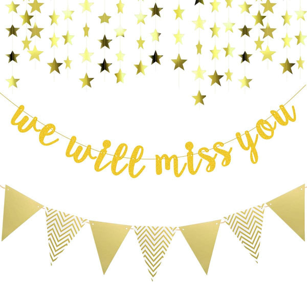 Gold Glitter Graduation Banner - We Will Miss You and Triangle Flag Banners for Farewell Party Decorations