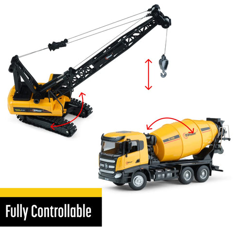 Diecast Metal Construction Trucks Models Set of 2 - Heavy Metal Toy Cement Truck and Construction Crane 1:50 Scale -