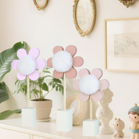 Cobzier 3 Pack Daisy Nursery Shelf Decor, Wooden Spring Flower with Pompom Pistil Boho Baby Girl Nursery Room
