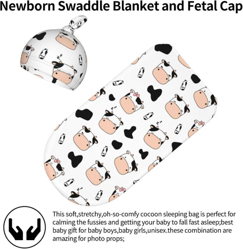 Cute Cow Print Swaddle Blanket Hat Set for Boys Girls, Soft Cow Newborn Sleeping Sack Receiving Blanket Shower Gift by Lcokin