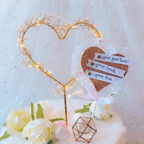 Wedding Cake Toppers Love Heart Pearl Cake Toppers with LED Light for Birthday Wedding Engagement Decorations