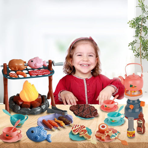 yoliyogo Set 45pcs 3+ Pretend Play Campfire Toy with Realistic BBQ Accessories,Fake Grill Foods,Tea Pots etc,Simulate