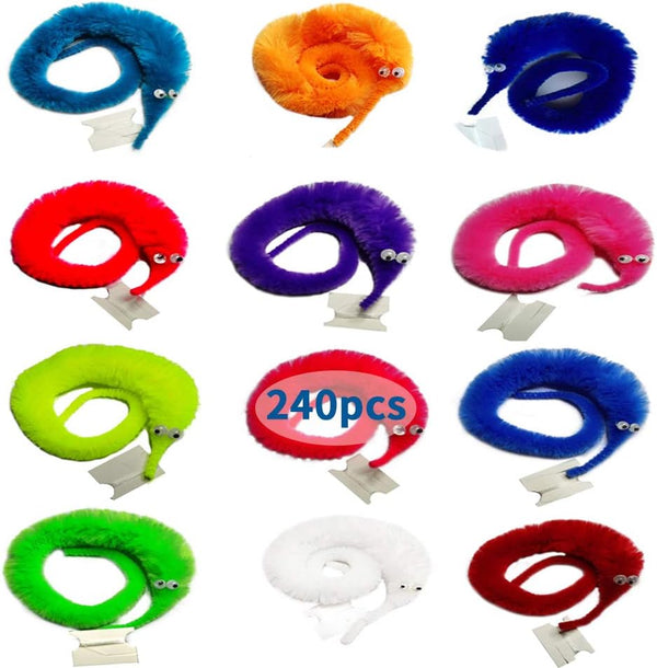 SHENGSEN 240 Pieces Fuzzy Worm Toys with Big and Small Sizes Mixed